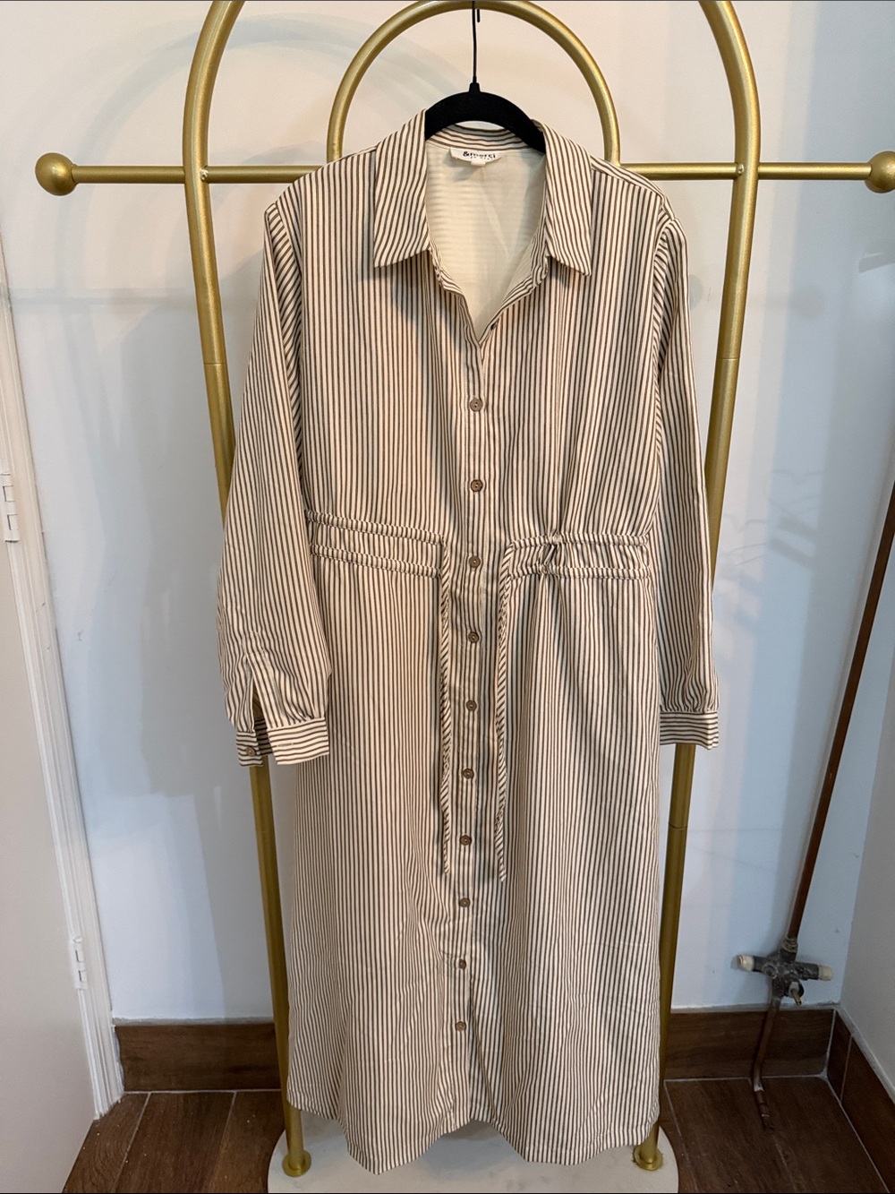 Striped Button-Front Shirt Dress - Beige/White